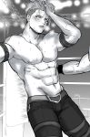  1boy abs achilles_(fate) adonis_belt arm_rest belt blush chest fate/apocrypha fate_(series) greyscale hand_in_hair highres kitano_gori male_focus monochrome navel nipples pants parted_lips pectorals shirtless signature stage_lights sweat thigh_strap tired undercut wrestling_outfit wrestling_ring 