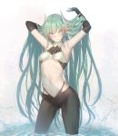  1girl aqua_hair armpits arms_up bangs belly bikini_top black_legwear blush breasts collar commentary_request detached_sleeves dragon_girl dragon_horns elbow_gloves eyebrows_visible_through_hair fate/grand_order fate_(series) gloves grey_background hands_in_hair holding holding_hair horns kiyohime_(fate/grand_order) long_hair looking_at_viewer navel older oukawa_yuu pantyhose parted_lips shadow simple_background small_breasts smile solo splashing stomach swimsuit under_boob very_long_hair wading water water_drop yellow_eyes 