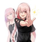  2girls ;d bare_shoulders blush braid breasts cero_(last2stage) dress eyebrows_visible_through_hair fang girls_frontline hair_between_eyes highres long_hair looking_at_viewer m4_sopmod_ii_(girls_frontline) multiple_girls one_eye_closed open_mouth pink_hair red_eyes simple_background sleeveless sleeveless_dress smile st_ar-15_(girls_frontline) very_long_hair w white_background 