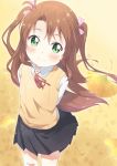  1girl brown_hair green_eyes highres koshigaya_komari leaf long_hair looking_at_viewer non_non_biyori ribbon school_uniform smile solo sweater_vest toma_(shinozaki) twintails 