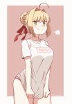  1girl =3 ahoge blonde_hair breasts breath eyebrows_visible_through_hair fate/grand_order fate_(series) fumafu green_eyes hair_bun hair_ribbon highres looking_at_viewer nero_claudius_(fate) nero_claudius_(fate)_(all) ribbon romaji_text shirt_pull sidelocks simple_background smile solo 