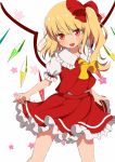  1girl :d blonde_hair blush contrapposto cowboy_shot cravat eyebrows_visible_through_hair flandre_scarlet frilled_shirt_collar frilled_skirt frills hair_between_eyes hair_ribbon hat head_tilt lifted_by_self looking_at_viewer miniskirt mob_cap no_hat no_headwear open_mouth puffy_short_sleeves puffy_sleeves red_eyes red_skirt red_vest ribbon shirt short_hair short_sleeves side_ponytail skirt skirt_lift smile solo standing star starry_background touhou upper_teeth vest white_background white_shirt wings yellow_neckwear yuimari 