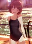  3d bangs bare_shoulders bench black_swimsuit brown_hair closed_eyes collarbone commentary hair_ornament hairclip highres indoors open_mouth original pool poolside shiny short_hair smile standing sunlight swimsuit teeth yonemaru_nh 
