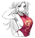  1girl breasts chinese_clothes covering dragon_print dudou gendo0032 halter_top halterneck large_breasts long_hair looking_at_viewer open_mouth original red_shirt shirt sideboob simple_background solo spot_color sweat sweatdrop upper_body very_long_hair white_background 