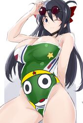  1girl absurdres black_hair breasts eyewear_on_head glasses highres hinata_aki keroro_gunsou large_breasts long_hair looking_at_viewer maruya1006 one-piece_swimsuit one_eye_closed smile solo sunglasses swimsuit 