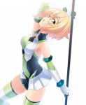  1girl akatsuki_kirika arm_up bare_shoulders blonde_hair blush breasts commentary_request covered_navel elbow_gloves gloves green_eyes hair_ornament highres leotard looking_at_viewer medium_breasts nyanmaru open_mouth scythe senki_zesshou_symphogear shiny shiny_hair shiny_skin short_hair simple_background skirt standing striped striped_legwear white_background x_hair_ornament 