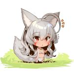  1girl ahoge animal_ear_fluff animal_ears bangs bare_arms bare_shoulders barefoot blush chibi commentary_request dark_skin eyebrows_visible_through_hair facial_mark fox_ears fox_girl fox_tail full_body grass grey_hair hair_between_eyes long_hair notice_lines on_grass original parted_lips red_eyes solo standing sweat tail translated very_long_hair white_background yuuji_(yukimimi) 