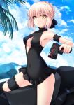 arm_garter artoria_pendragon_(all) bangs black_swimsuit blonde_hair blue_sky breasts cleavage_cutout clouds covered_navel cross_(crossryou) day eyebrows_visible_through_hair fate/grand_order fate_(series) frills ground_vehicle gun halterneck holding holding_gun holding_weapon leg_garter looking_at_viewer medium_breasts motor_vehicle motorcycle mountainous_horizon one-piece_swimsuit outdoors saber_alter short_hair sitting sky swimsuit swimsuit_skirt tree weapon yellow_eyes 