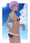  1girl ass bangs bare_arms bare_shoulders bikini black_bikini blue_sky blush breasts can closed_mouth clouds cloudy_sky dark_skin day eyebrows_visible_through_hair fate/prototype fate/prototype:_fragments_of_blue_and_silver fate_(series) hair_between_eyes hassan_of_serenity_(fate) holding holding_can i.u.y pocari_sweat purple_hair sidelocks sky small_breasts solo sun sweat swimsuit violet_eyes 