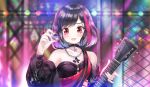  1girl \m/ absurdres afterglow_(bang_dream!) bang_dream! bangs black_choker black_hair black_jacket blush bob_cut chain_necklace chie_(wendy9537) choker cross-laced_clothes earrings grey_hair guitar highres holding_plectrum hoop_earrings instrument jacket jewelry looking_at_viewer mitake_ran multicolored_hair off_shoulder paint_stains pendant plectrum redhead scaffolding short_hair smile solo stage_lights streaked_hair sweatdrop upper_body violet_eyes 