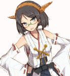  1girl alchera black_hair boots commentary_request cowboy_shot detached_sleeves glasses green-framed_eyewear green_eyes hairband hands_on_hips headgear kantai_collection kirishima_(kantai_collection) looking_at_viewer nontraditional_miko remodel_(kantai_collection) ribbon-trimmed_sleeves ribbon_trim short_hair simple_background solo thigh-highs thigh_boots white_background 