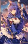  1girl arrow blue_dress blue_sky blush bow_(weapon) breasts character_request closed_mouth clouds cloudy_sky commentary_request dress grimms_echoes head_tilt holding holding_arrow holding_bow_(weapon) holding_weapon indoors long_hair long_sleeves medium_breasts purple_hair roll_okashi sky sleeves_past_wrists smile solo sunset tiara underbust very_long_hair violet_eyes watermark weapon 