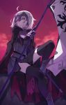  1girl ahoge armor armored_boots black_legwear blonde_hair boots capelet cloak fate_(series) gauntlets headpiece highres jeanne_d&#039;arc_(alter)_(fate) jeanne_d&#039;arc_(fate)_(all) polearm sakino_saku short_hair solo thigh-highs thighs weapon yellow_eyes 