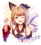  animal_ears bangs blonde_hair braid claw_pose dog_ears erune granblue_fantasy japanese_clothes one_eye_closed open_mouth portrait rope shimenawa short_hair sweetroad vajra_(granblue_fantasy) 