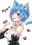  1girl animal_ears bangs bare_shoulders blue_eyes blue_hair blush breasts cat_ears detached_sleeves eyebrows_visible_through_hair fang hair_ribbon highres large_breasts maid_headdress minikon open_mouth pink_ribbon re:zero_kara_hajimeru_isekai_seikatsu rem_(re:zero) ribbon short_hair solo upper_body white_background 