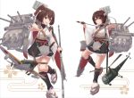  2girls aircraft airplane blush breasts brown_eyes brown_hair brown_hakama closed_mouth flight_deck fundoshi hair_between_eyes hair_ornament hair_ribbon hakama headband helicopter highres hyuuga_(kantai_collection) ise_(kantai_collection) japanese_clothes k_jie kantai_collection katana looking_at_viewer multiple_girls nontraditional_miko open_mouth ponytail remodel_(kantai_collection) ribbon sandals short_hair skirt smile sword turret undershirt weapon white_headband 