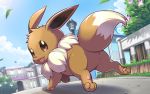  day eevee from_behind gen_1_pokemon leaf looking_at_viewer looking_back no_humans outdoors pokemon pokemon_(creature) road street tonami_kanji 