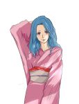  1girl blue_hair botan_(yuu_yuu_hakusho) closed_mouth commentary_request highres japanese_clothes kimono long_hair looking_at_viewer simple_background smile solo violet_eyes white_background yuu_yuu_hakusho 