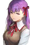  1girl bangs breasts fate/stay_night fate_(series) hair_ribbon hankuri large_breasts long_hair long_sleeves looking_at_viewer matou_sakura parted_lips purple_hair ribbon school_uniform simple_background solo violet_eyes white_background 