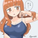  1girl adjusting_clothes adjusting_swimsuit bangs blunt_bangs blush breasts commentary_request eyebrows_visible_through_hair frown girls_und_panzer grey_background half-closed_eyes head_tilt highres large_breasts long_hair looking_at_viewer open_mouth orange_eyes orange_hair school_swimsuit solo standing swimsuit takebe_saori translated twitter_username upper_body v-shaped_eyebrows yabai_gorilla 