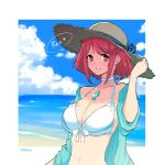  1girl bangs bikini blush breasts cute gem hat headpiece jacket jewelry large_breasts mochimochi_(xseynao) monolith_soft navel nintendo ocean pyra_(xenoblade) red_eyes redhead short_hair smile solo summer swept_bangs swimsuit tiara water xenoblade_(series) xenoblade_2 