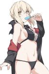  1girl artoria_pendragon_(all) artoria_pendragon_(swimsuit_rider_alter) bangs bikini black_bikini black_bow black_ribbon blonde_hair bow braid breasts commentary_request eating eyebrows_visible_through_hair fate/grand_order fate_(series) food frills hair_bow in_mouth jacket looking_at_viewer maid_bikini maid_headdress medium_breasts navel popsicle ribbon shiseki_hirame short_hair simple_background solo sweatdrop swimsuit thigh-highs white_background yellow_eyes 
