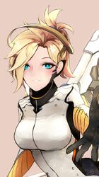  16nfeiyu 1girl absurdres beige_background blonde_hair blue_eyes blush bodysuit breasts chinese_commentary commentary gloves high_ponytail highres large_breasts looking_at_viewer mechanical_halo mercy_(overwatch) open_mouth overwatch pulling simple_background smile solo teeth upper_body 