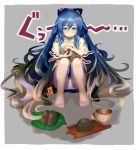  1girl barefoot blue_eyes blue_hair blue_skirt bow bowl commentary_request crayjii_(a_raku_a) damaged debt grey_background hair_bow holding hood hood_down leaf long_hair looking_at_viewer mud onomatopoeia panties pantyshot pantyshot_(sitting) shadow shiny shiny_hair short_sleeves simple_background sitting skirt solo stomach_growling tareme thick_eyebrows touhou underwear very_long_hair wavy_mouth white_hoodie white_panties yorigami_shion 