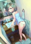  1girl ass barefoot bathroom black_eyes blue_shirt brown_hair full_body glass hair_ornament hairclip highres indoors leaning_forward looking_at_viewer looking_back lotion mirror original osohare panties plant potted_plant reflection shampoo_bottle shirt short_hair sink soap solo toothbrush towel trash_can underwear wet white_panties 
