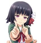  1girl black_hair blush bow eyebrows_visible_through_hair green_jacket hair_ribbon highres ishigaki_(kantai_collection) jacket kantai_collection koi_dance long_sleeves looking_at_viewer red_bow ribbon short_hair simple_background solo tk8d32 violet_eyes white_background white_bow 