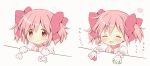  1girl artist_request blush bongo_cat choker commentary gloves hair_ribbon heart highres kaname_madoka magical_girl mahou_shoujo_madoka_magica pink_eyes pink_hair ribbon short_twintails smile tagme twintails white_background white_gloves 