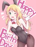  1girl animal_ears aqua_eyes black_legwear black_leotard bow bowtie bunny_girl bunny_tail bunnysuit cowboy_shot detached_collar fang happy_birthday herunin highres kousaka_kirino leotard long_hair open_mouth orange_hair ore_no_imouto_ga_konna_ni_kawaii_wake_ga_nai pantyhose pink_background rabbit_ears red_neckwear skin_fang smile solo strapless strapless_leotard tail wrist_cuffs 