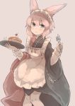  1girl :3 absurdres animal_ears apron bangs black_kimono blue_eyes blush breasts brown_background closed_mouth commentary_request eyebrows_visible_through_hair food fork hair_between_eyes highres holding holding_fork holding_knife holding_tray inazakura00 japanese_clothes kimono knife long_sleeves looking_at_viewer maid_apron maid_headdress multicolored multicolored_clothes multicolored_kimono original pancake pink_hair rabbit_ears red_kimono ribbon_trim shirt simple_background small_breasts solo stack_of_pancakes tray white_apron white_shirt 