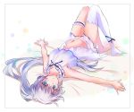  1girl bed blue_eyes collarbone iesupa long_hair lying midriff navel on_back ponytail rwby scar scar_across_eye single_garter single_thighhigh sleepwear solo thigh-highs translucent weiss_schnee white_hair 