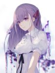  1girl blurry blurry_background breasts closed_mouth dress empty_eyes fate/stay_night fate_(series) hair_ribbon highres jname long_hair looking_at_viewer matou_sakura medium_breasts purple_hair red_ribbon ribbon short_sleeves solo violet_eyes white_dress 