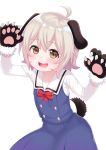  1girl :d ahoge animal_ears atg_(wttoo0202) bangs blue_dress blush bow brown_eyes brown_gloves collarbone dog_ears dog_girl dog_tail dress eyebrows_visible_through_hair fur-trimmed_gloves fur_trim gloves hair_between_eyes highres kemonomimi_mode konomori_kanon light_brown_hair long_hair long_sleeves looking_at_viewer open_mouth paw_gloves paws red_bow sailor_collar sailor_dress shirt simple_background sleeveless sleeveless_dress smile solo tail watashi_ni_tenshi_ga_maiorita! white_background white_sailor_collar white_shirt 