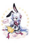  1girl ? alternate_costume altina_orion animal_ears apron bow bowtie candy chibi eiyuu_densetsu english_text enmaided eyebrows_visible_through_hair food full_body green_eyes hair_between_eyes hair_bow hair_flaps hair_ribbon highres jack-in-the-box long_hair long_sleeves maid maid_apron maid_headdress puffy_long_sleeves puffy_sleeves rabbit_ears rean_schwartzer ribbon sen_no_kiseki sharlorc short_hair sidelocks silver_hair simple_background sitting speech_bubble star straight_hair striped striped_legwear striped_neckwear thigh-highs white_background 