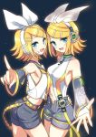  2girls akiyoshi_(tama-pete) armpits bare_shoulders belt black_shorts black_sleeves blonde_hair blue_eyes bow commentary crop_top detached_sleeves dual_persona fang hair_bow hair_ornament hairclip hand_on_hip headphones headset index_finger_raised kagamine_rin kagamine_rin_(append) light_blush looking_at_viewer microphone midriff multiple_girls nail_polish navel navel_cutout neckerchief outstretched_hand see-through shirt short_hair shorts shoulder_blush side-by-side sleeveless sleeveless_shirt smile treble_clef upper_body vocaloid vocaloid_append white_bow white_shirt yellow_belt yellow_neckwear 
