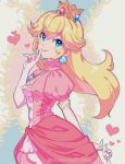  1girl blonde_hair blue_eyes blush_stickers breasts brooch cowboy_shot crown dress earrings elbow_gloves eyebrows_visible_through_hair finger_to_mouth gloves hair_between_eyes heart jewelry lips long_hair looking_at_viewer super_mario_bros. medium_breasts pink_dress princess_peach puffy_short_sleeves puffy_sleeves short_sleeves shuri_(84k) smile solo twitter_username white_gloves 