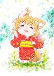  1girl :3 =_= ahoge animal_ears blonde_hair chibi commentary eyebrows_visible_through_hair fox_ears fox_tail japanese_clothes kimono obi original rokuroubuna sash short_hair solo tail waving 