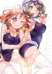  2girls ahoge arm_hug black_swimsuit blue_eyes braid brown_hair competition_swimsuit cowboy_shot goggles goggles_on_head highres looking_at_viewer love_live! love_live!_sunshine!! multiple_girls one-piece_swimsuit open_mouth orange_hair panda_copt red_eyes ribbon round_teeth short_hair side_braid simple_background swimsuit takami_chika teeth thigh-highs upper_teeth watanabe_you wavy_hair white_background white_legwear yellow_ribbon 