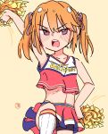  1girl absurdres artist_name brown_eyes cheerleader commentary english_commentary halter_top halterneck highres idolmaster idolmaster_cinderella_girls kneehighs miniskirt navel open_mouth orange_hair pom_poms shorts skirt solo violet_eyes wide4358 yellow_background yuuki_haru 