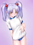  1girl ^jj^ arm_behind_back ass_visible_through_thighs blue_buruma buruma cowboy_shot dutch_angle floating_hair grey_background gym_uniform hair_between_eyes hair_ornament hoshino_ruri kidou_senkan_nadesico long_hair looking_at_viewer shiny shiny_hair shirt short_sleeves silver_hair simple_background solo standing thigh_gap white_shirt yellow_eyes 