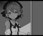  1girl bangs beret blush bow closed_mouth collared_shirt door doorknob dress_shirt eyebrows_visible_through_hair flower greyscale hair_between_eyes hair_flower hair_ornament hair_ribbon hat hatoba_tsugu hatoba_tsugu_(character) holding letterboxed mole mole_under_eye monochrome rai_(sakuranbo_sugar) ribbon shirt smile solo suspenders upper_body virtual_youtuber 