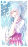  1girl :d blue_hair closed_eyes copyright_name eyebrows_visible_through_hair flower frilled_sleeves frills hair_flower hair_ornament hatsune_miku head_tilt highres holding holding_umbrella long_hair melt_(vocaloid) nore_th open_mouth shirt short_sleeves smile solo standing transparent transparent_umbrella twintails umbrella upper_body very_long_hair vocaloid white_flower white_shirt 