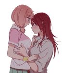  2girls adjusting_another&#039;s_clothes bang_dream! bangs blush collared_shirt from_side long_hair looking_at_another low_twintails multiple_girls pink_hair polo_shirt re_ghotion redhead shirt short_sleeves simple_background twintails udagawa_tomoe uehara_himari upper_body white_background white_shirt wristband yuri 