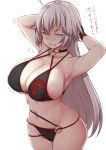  1girl ahoge armpits arms_behind_head bare_shoulders bikini black_bikini black_choker black_gloves blush breasts choker collarbone commentary_request cowboy_shot eyebrows_visible_through_hair fate/apocrypha fate/grand_order fate_(series) gloves hair_between_eyes huge_breasts jeanne_d&#039;arc_(alter)_(fate) jeanne_d&#039;arc_(alter_swimsuit_berserker) jeanne_d&#039;arc_(fate)_(all) jema long_hair looking_at_viewer midriff motion_lines navel o-ring o-ring_bikini o-ring_bottom o-ring_top sideboob silver_hair skindentation slit_pupils solo swimsuit thick_thighs thighs translated type-moon under_boob very_long_hair white_background yellow_eyes 