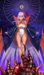  1girl ass_visible_through_thighs bangs bb_(fate)_(all) bb_(fate/extra_ccc) black_cape bow breasts cape collared_leotard covered_navel fate/extra fate/extra_ccc fate_(series) floating_hair full_body gloves hair_between_eyes hair_bow highleg highleg_leotard highres kibou large_breasts leotard long_hair looking_at_viewer neck_ribbon outstretched_arms parted_lips purple_background red_bow red_footwear red_ribbon ribbon shiny shiny_hair signature silver_hair solo standing thigh_gap very_long_hair violet_eyes white_gloves white_leotard wing_collar 