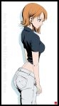  1girl artist_name black_shirt breasts brown_eyes brown_hair chris_re5 cowboy_shot crop_top from_side medium_breasts nami_(one_piece) one_piece pants profile shadow shirt short_hair short_sleeves simple_background solo standing twitter_username white_background white_pants 