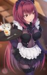  1girl absurdres adapted_costume alternate_costume apron bodysuit breasts cup enmaided fate/grand_order fate_(series) feng_mouren frilled_apron frilled_skirt frills garter_straps hair_intakes highres holding holding_tray large_breasts leotard long_hair maid maid_headdress pauldrons purple_bodysuit purple_hair purple_legwear purple_leotard red_eyes scathach_(fate)_(all) scathach_(fate/grand_order) skirt solo spoon thigh-highs tray waist_apron white_apron 